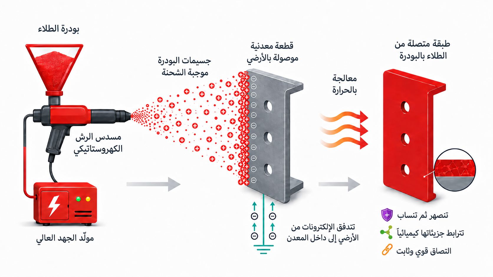 فني يطبّق الطلاء بالبودرة باستخدام مسدس رش كهروستاتيكي في الورشة
