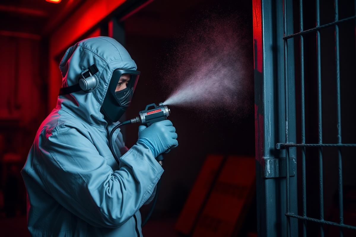 Operator applying powder coating with an electrostatic spray gun in a workshop