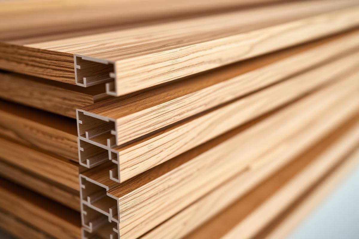 Wood-effect powder coated aluminium profiles with a warm oak grain finish